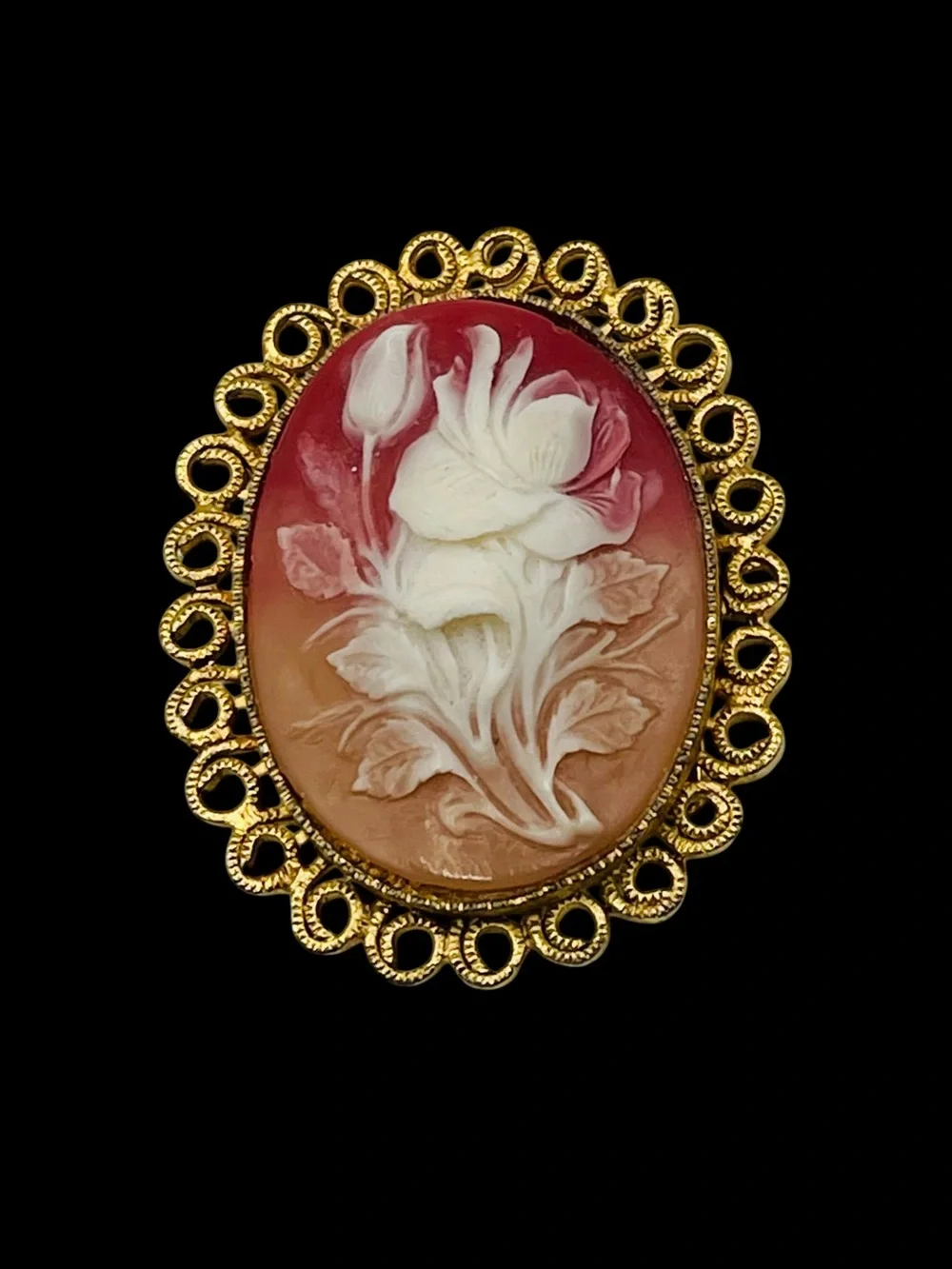 Vintage Gold Tone Ornate Floral Cameo Scarf Clip Brooch Estate Pc
